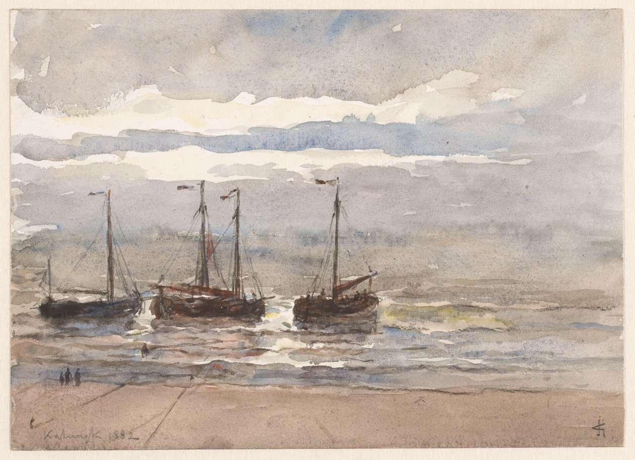 Fiskebåter på stranden i Katwijk ved stigende tidevann av Carel Nicolaas Storm van 