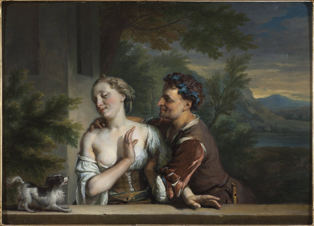 En mann som prøver å omfavne en kvinne, av Carel (Charles) de Moor (1656-1738). Olje på lerret. Størrelse: 33,5x47cm. Nationalmuseum Stockholm av Carel De Moor