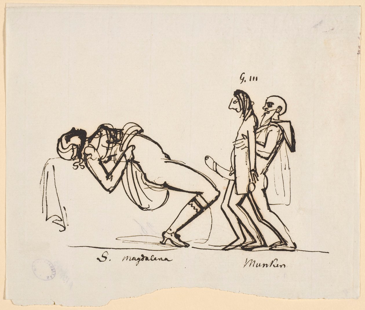 Karikatur av Gustav IIIs forsøk på å produsere en arving. Adolf Fredrick Munck hjelper Gustav med sitt første samleie med Sofia Magdalena (Carl August Ehrensvärd, ca. 1770 -årene) av Carl August Ehrensvärd