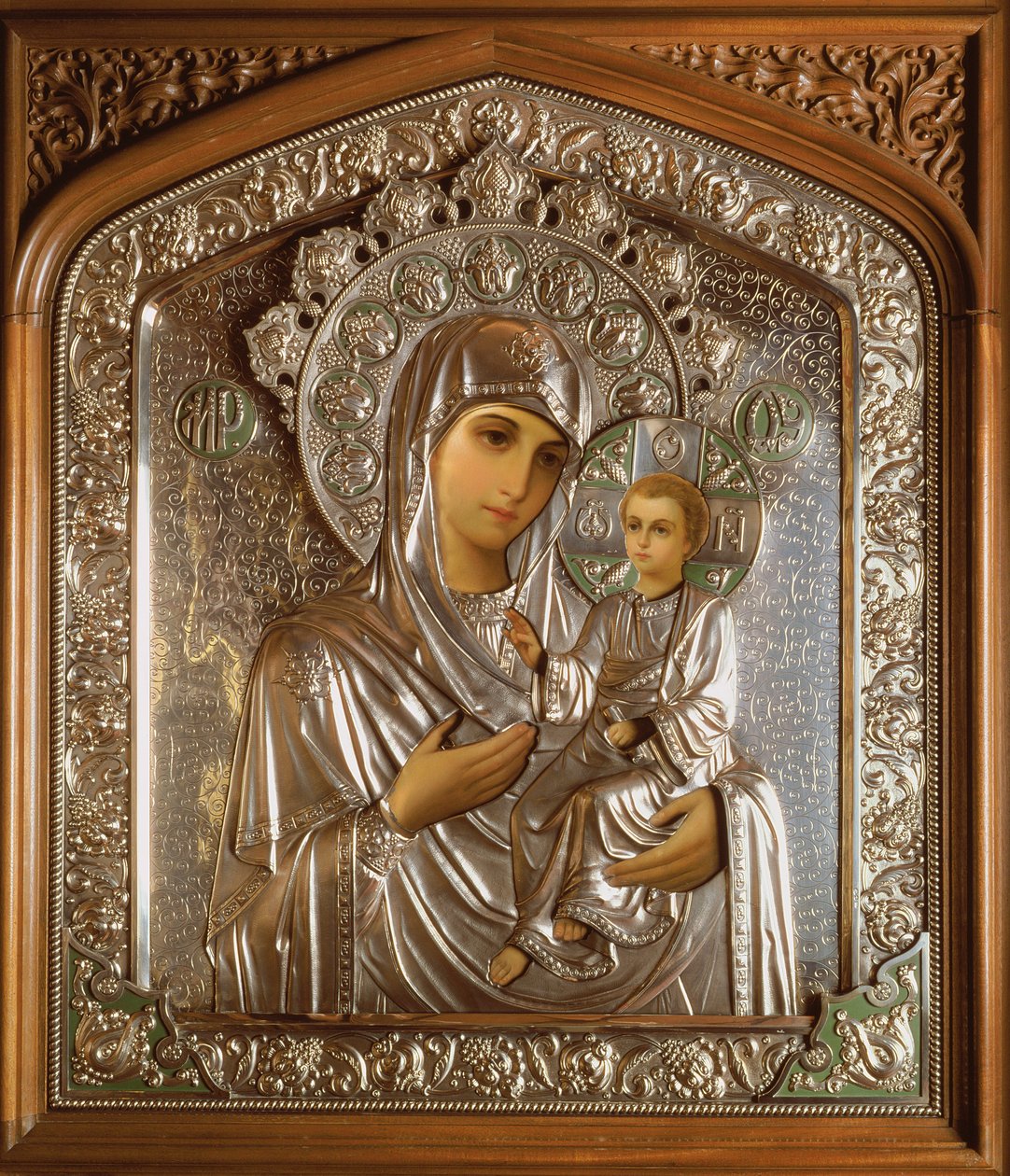 Ikon av den salige jomfru og Jesusbarnet, 1908 (olje på bord og sølv) av Carl Fabergé