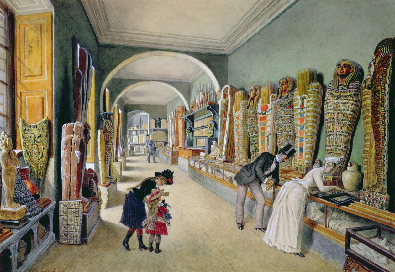 Korridoren og det siste kabinettet til den egyptiske samlingen i Ambraser-samlingen i Nedre Belvedere, 1875 av Carl Goebel