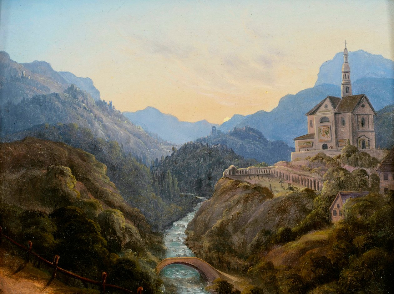 Kvelds fjellandskap med elvedal og klosterkompleks av Carl Gustav Carus