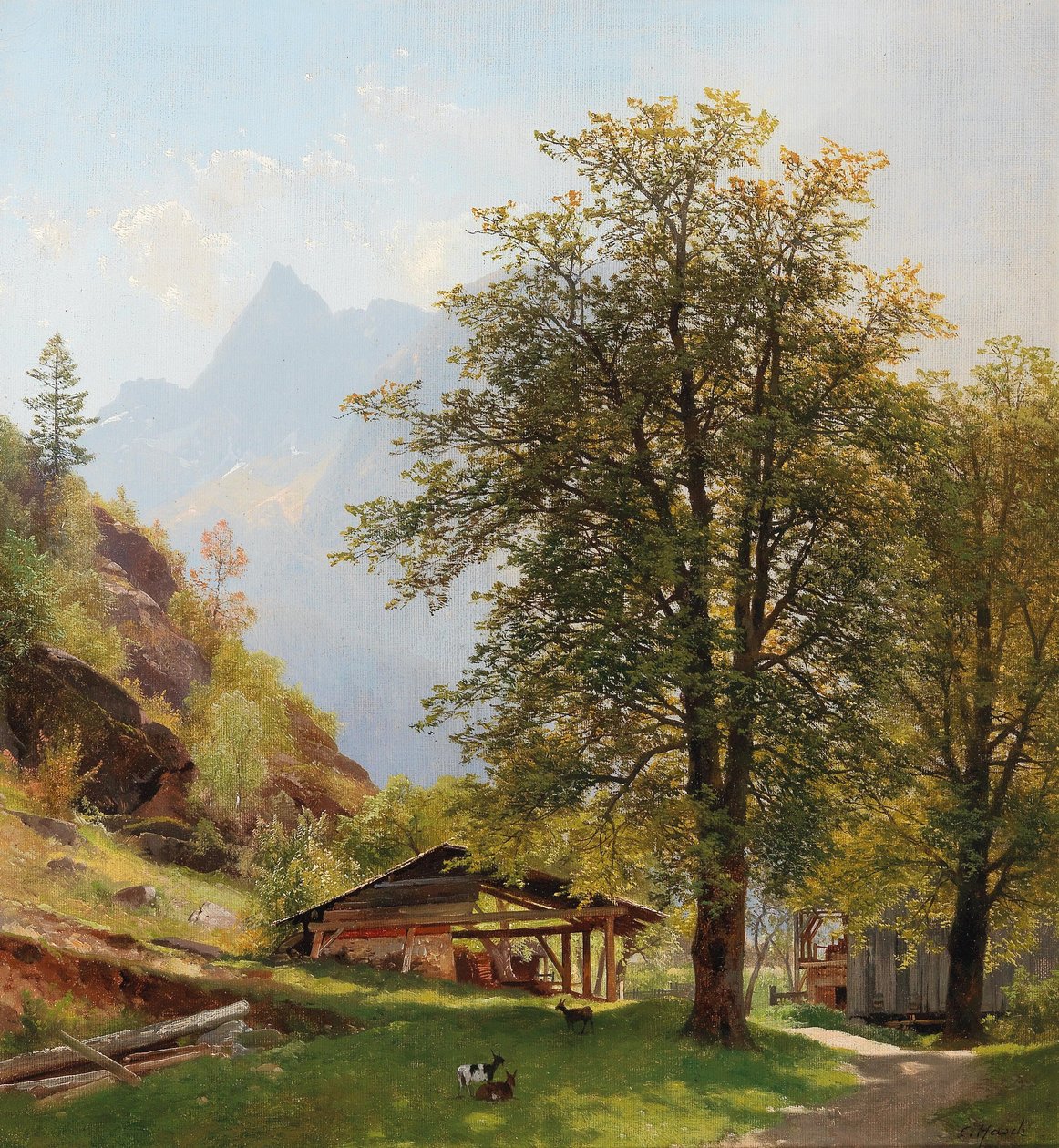 Landskap med gårdsbygninger av Carl Hasch
