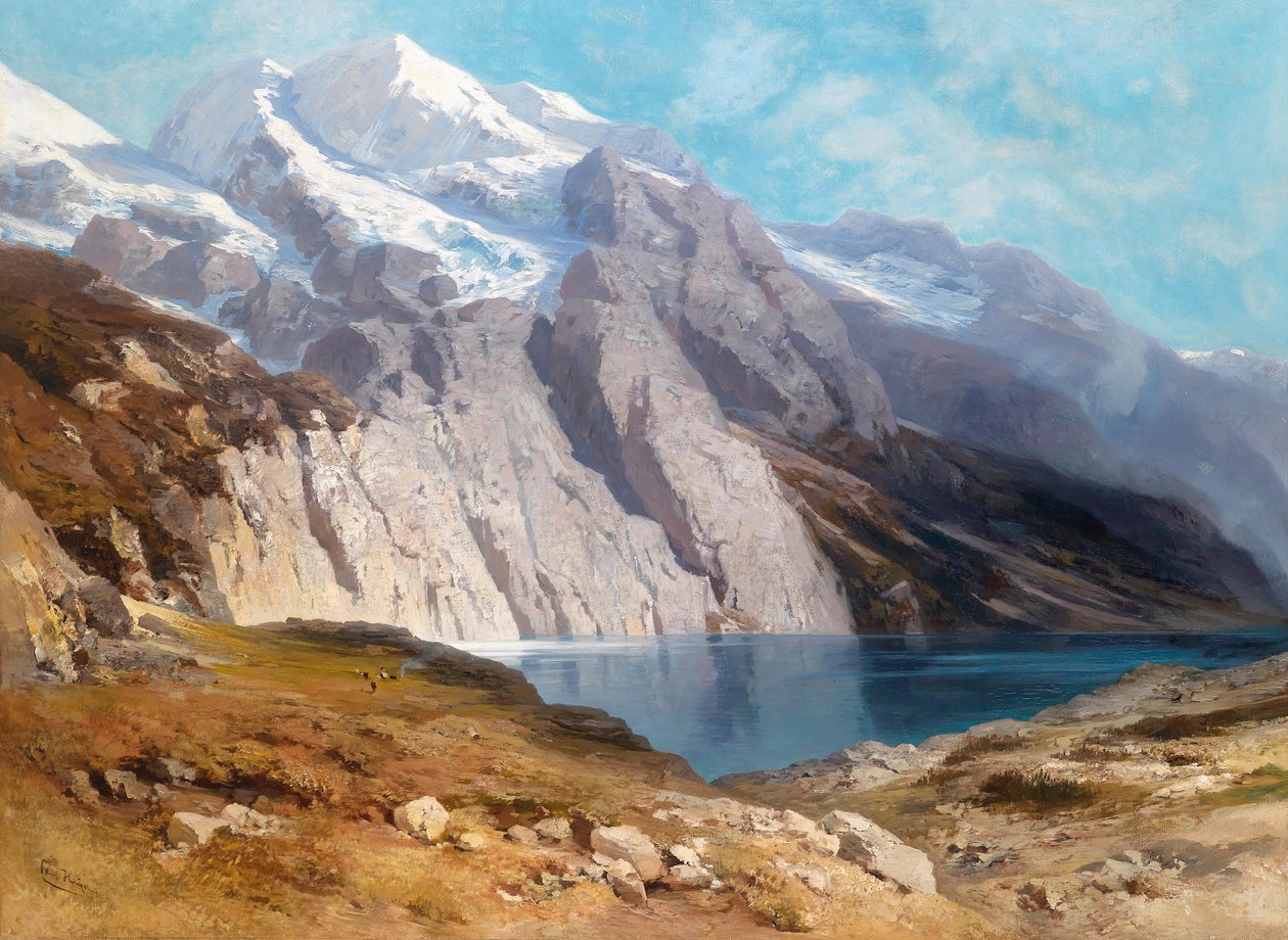 Utsikt over Doldenhorn med Oeschinensee Etter gammel betegnelse på baksiden av Carl Heyn