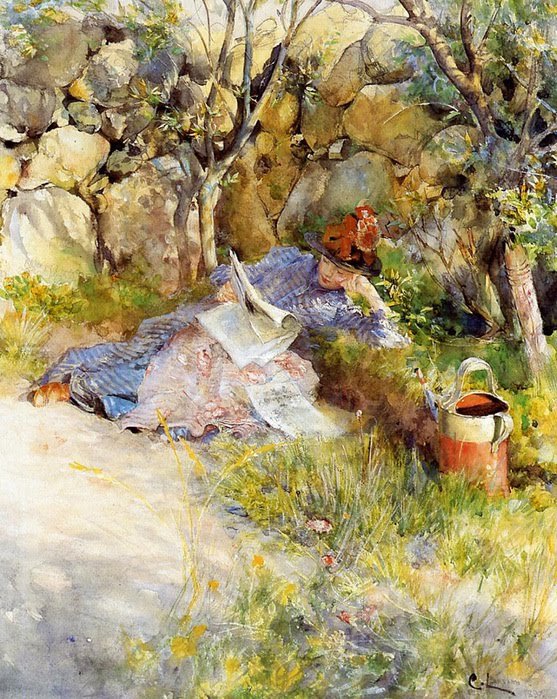 En dame som leser en avis av Carl Larsson