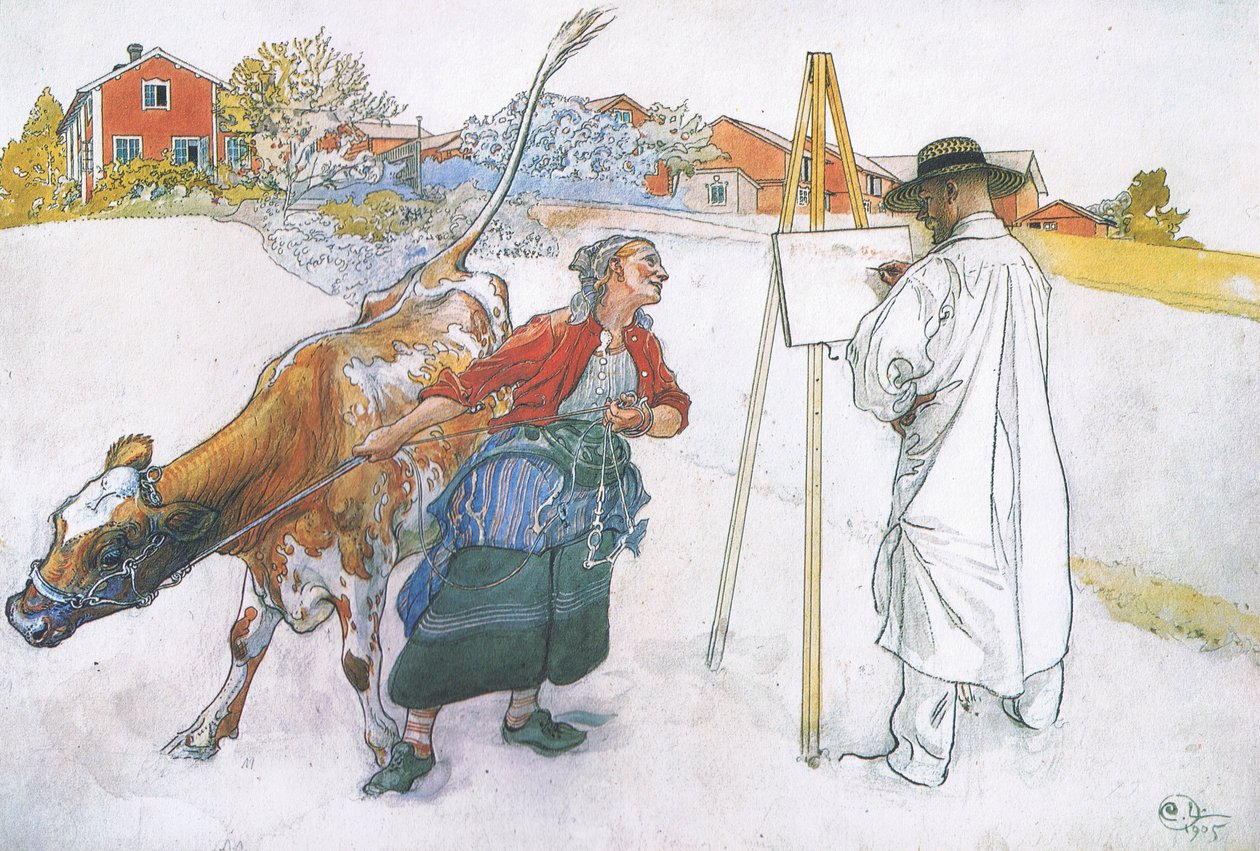 Med kom Joanna og ledet kua Blomma av Carl Larsson
