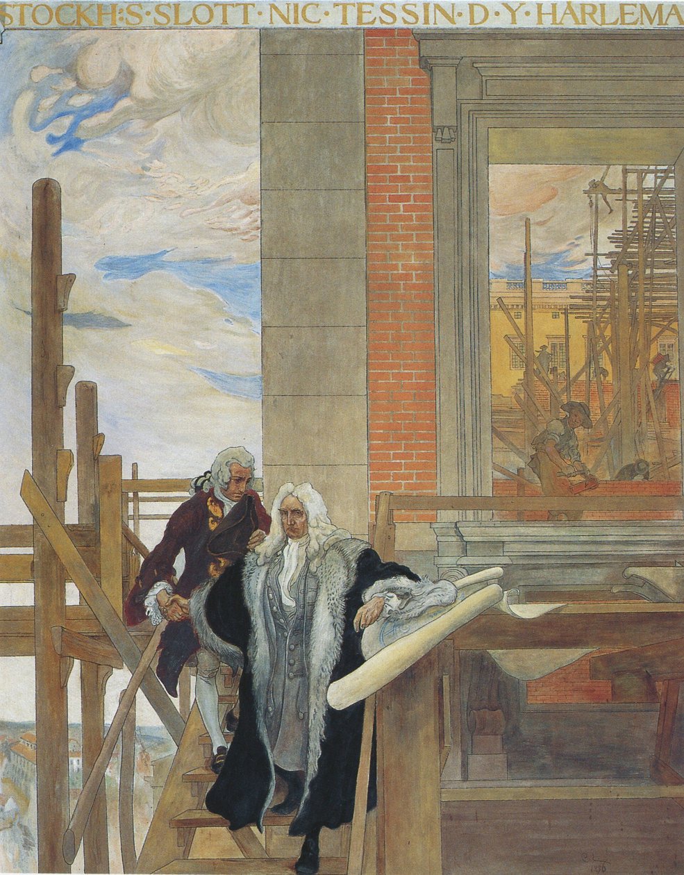 En av Nasjonalmuseets fresker som viser Slottsbygget av Carl Larsson