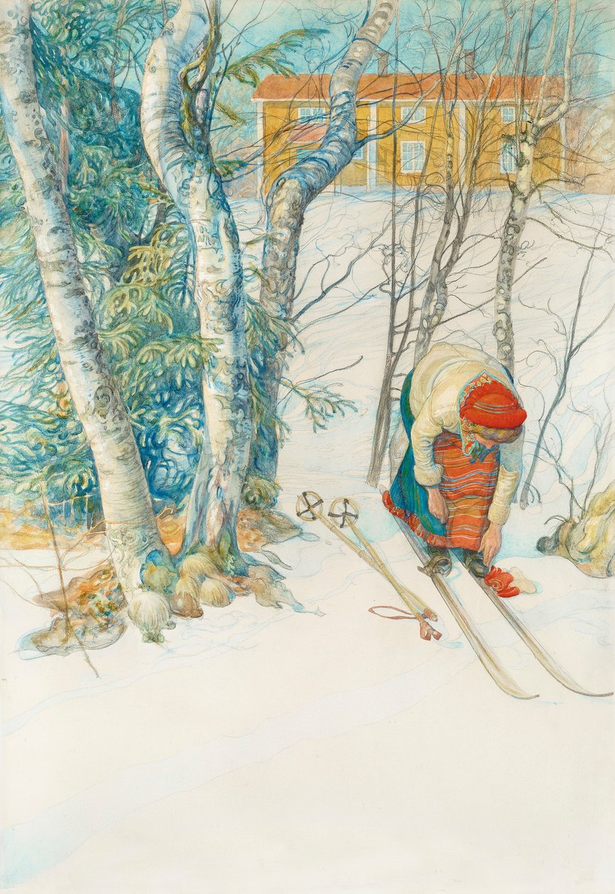 Jentestropper på skiene av Carl Larsson