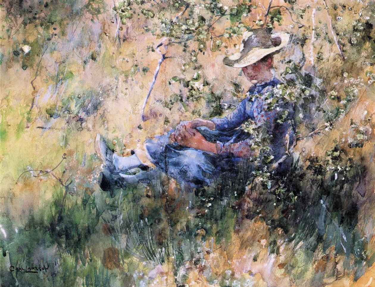 Jente av en blomstrende hagtornbusk av Carl Larsson