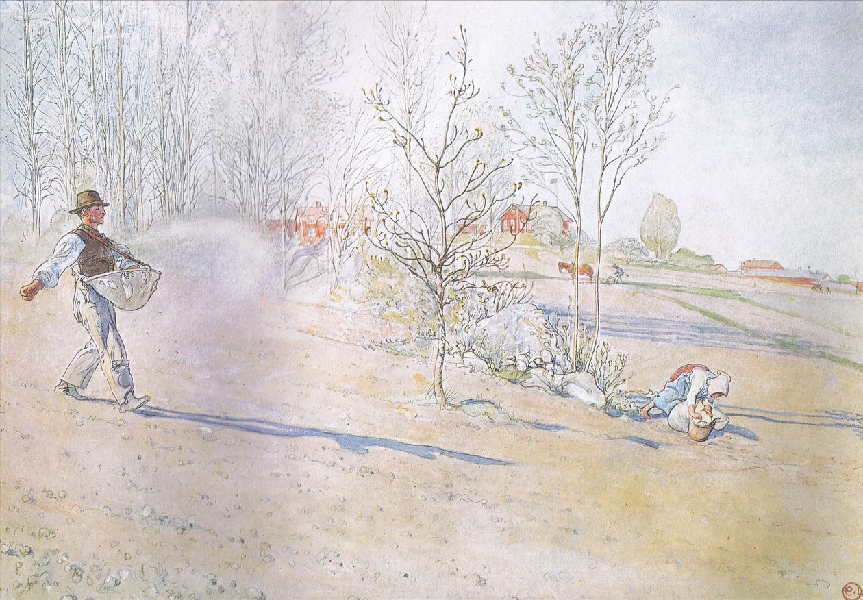 Johan bar havren i en stor åpen pose festet med stropper av Carl Larsson