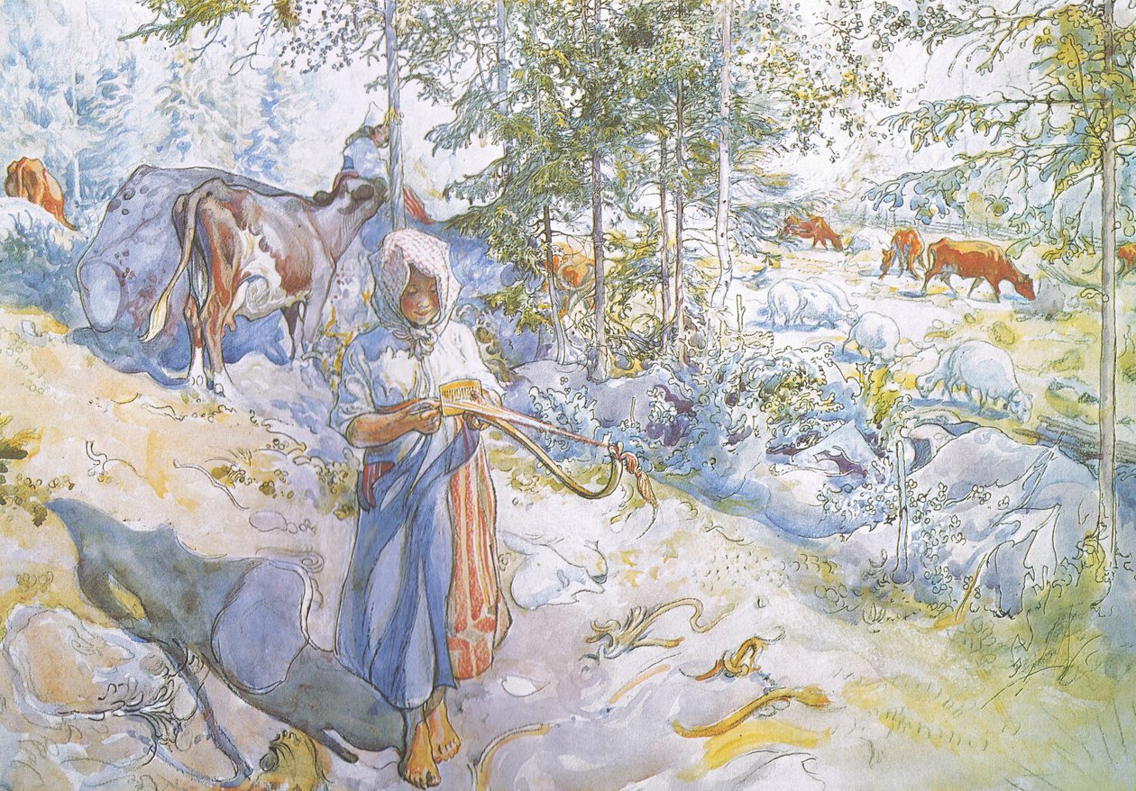 Sist av alle kom lille Kertsi med pilekvist for å drive kyrne av Carl Larsson