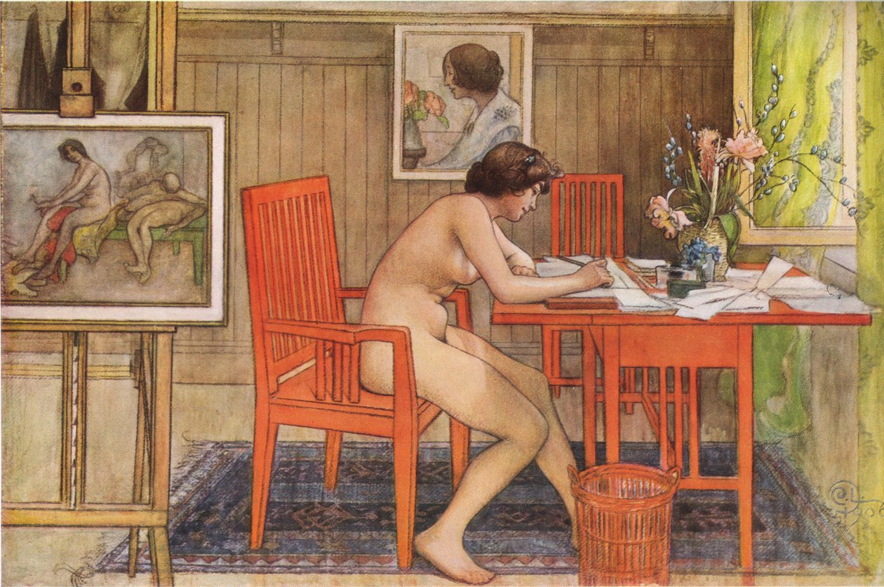 Modell som skriver postkort av Carl Larsson