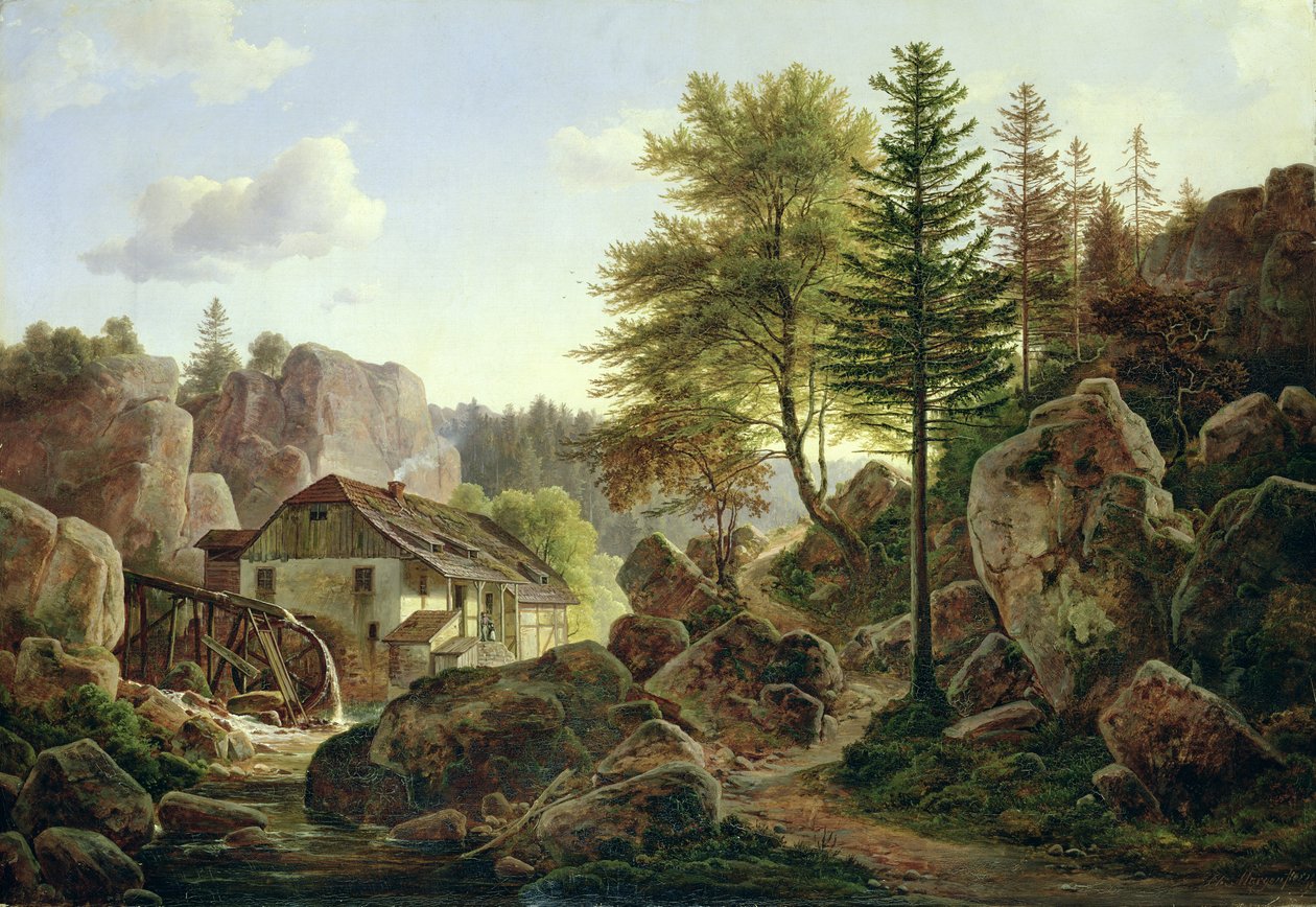 En vannmølle i Vosges nær Ribanville, 1836 av Carl Morgenstern