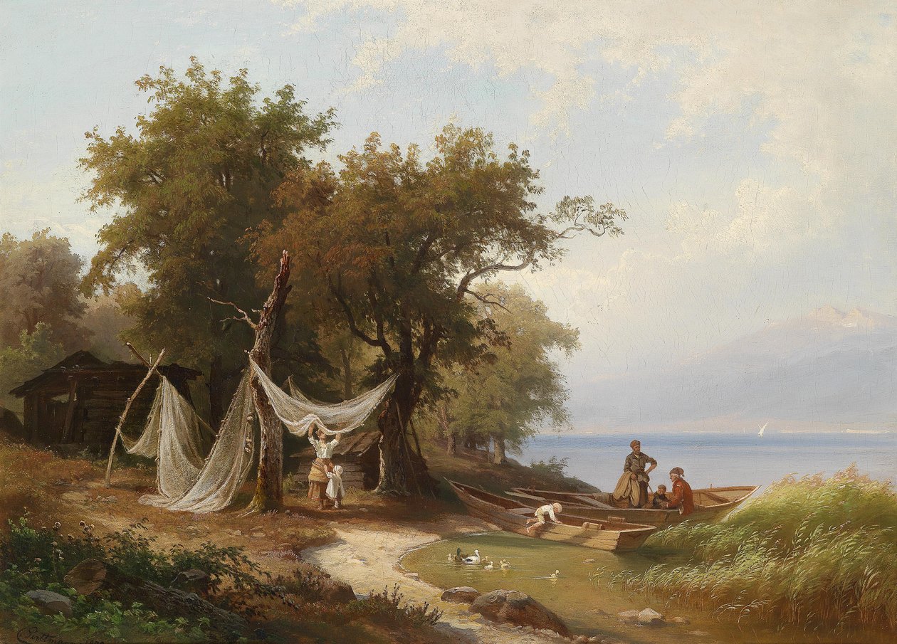 Fiskefamilie ved bredden av Genfersjøen av Carl Porttmann