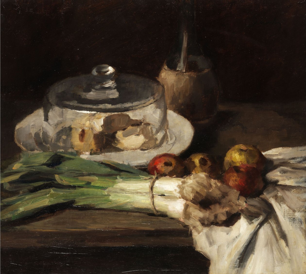 Stilleben med purrepinner, epler og et ostefat med en bjellekrukke av Carl Schuch