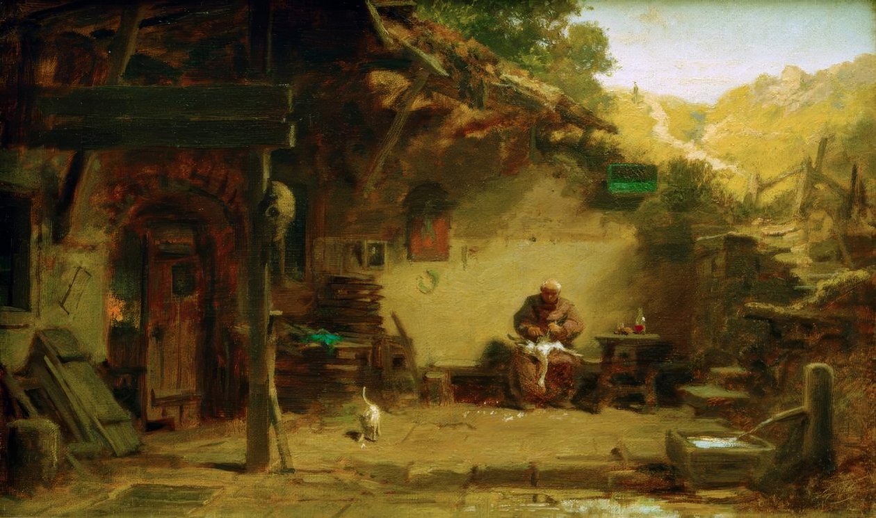 Gammel munk plukker en gås foran eremitasjen sin av Carl Spitzweg