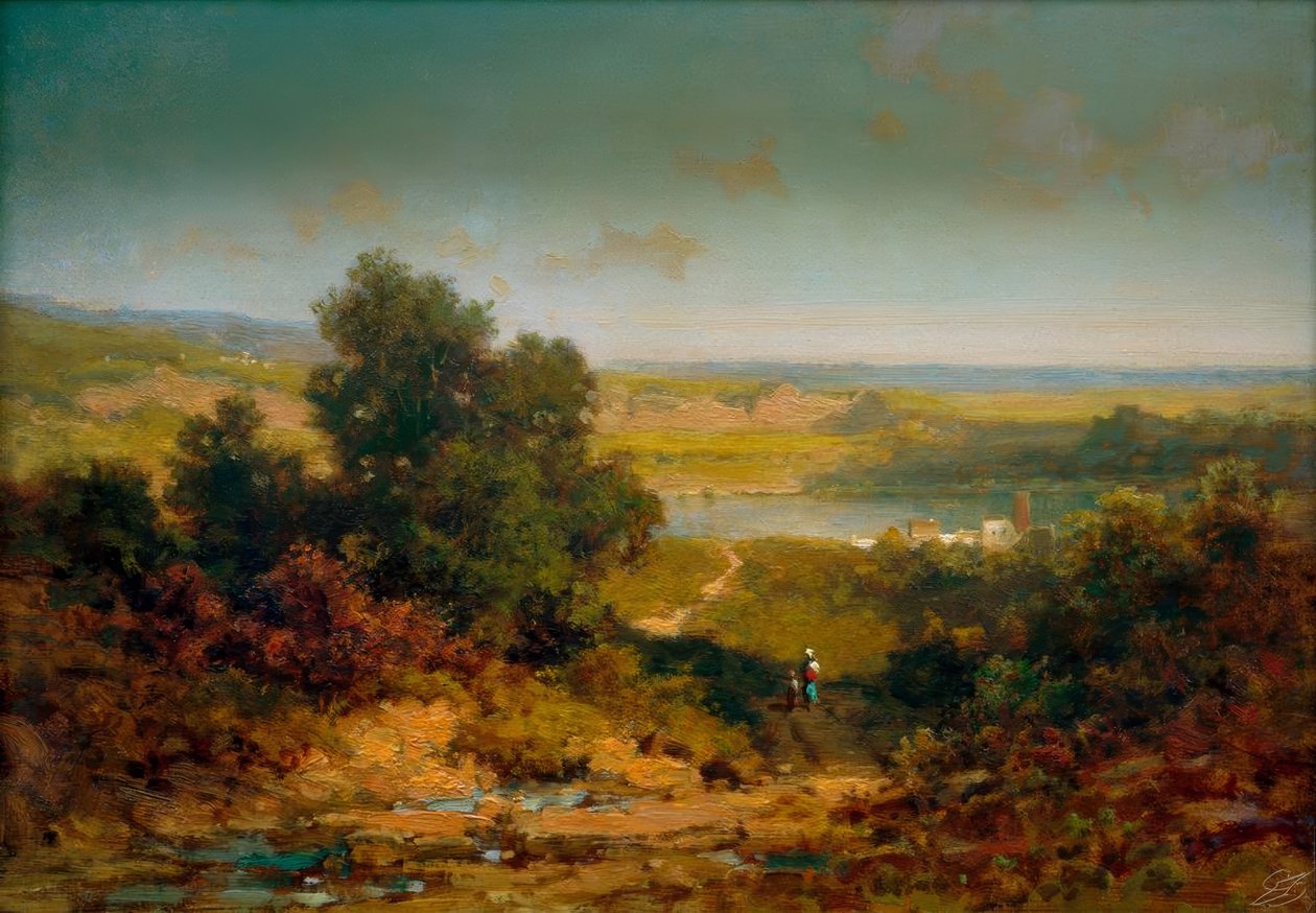 Landskap med en landsby og en elv av Carl Spitzweg