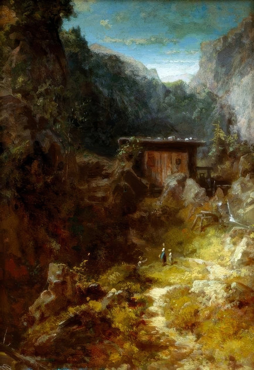 Kvern i fjellet med tre figurer av Carl Spitzweg