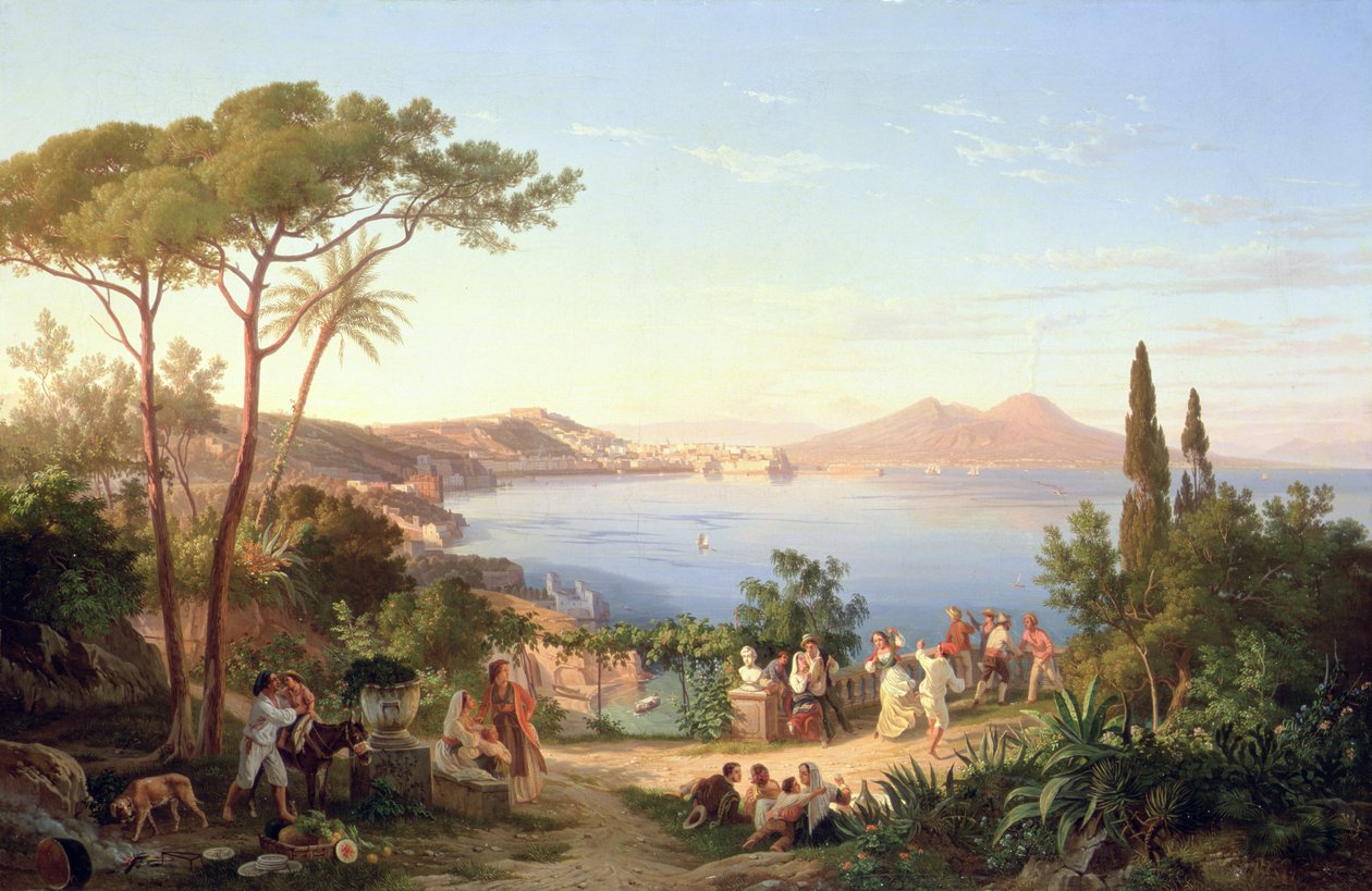 Napolibukta med dansende italienere, ca. 1850 av Carl Wilhelm Goetzloff