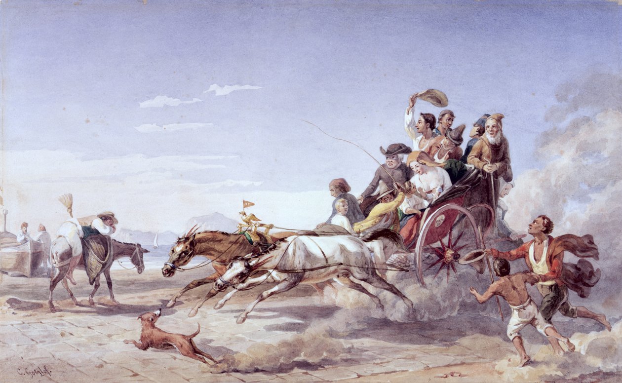 Frantic Napolitan Barouche, 1828 (wc over blyant på vellum) av Carl Wilhelm Goetzloff
