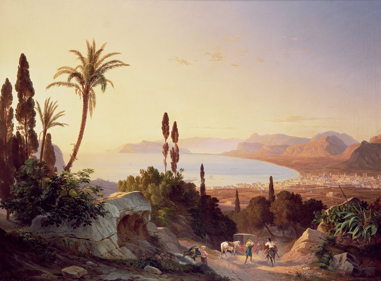 Palermobukta, med utsikt mot Kapp Zafferano, ca. 1845 av Carl Wilhelm Goetzloff