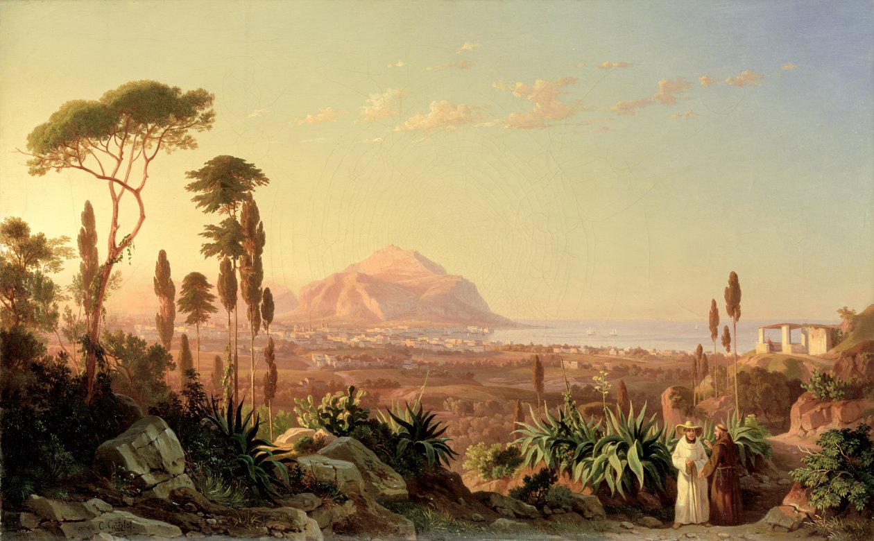 Palermo med Pellegrino-fjellet, ca. 1850 av Carl Wilhelm Goetzloff