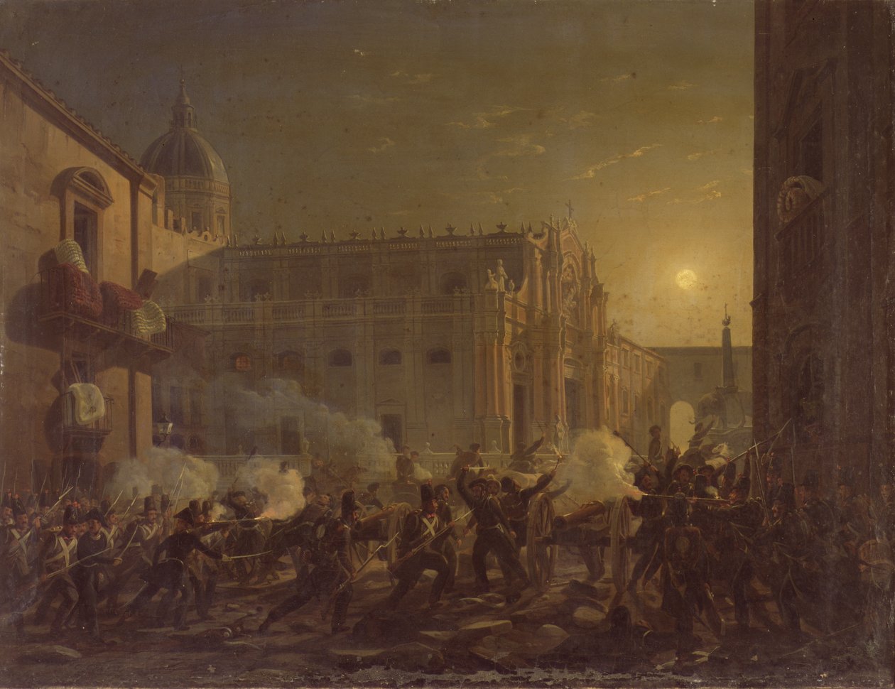 Brenningen av Catania etter byens erobring av Bern-regimentet i 1849, 1849 av Carl Wilhelm Goetzloff