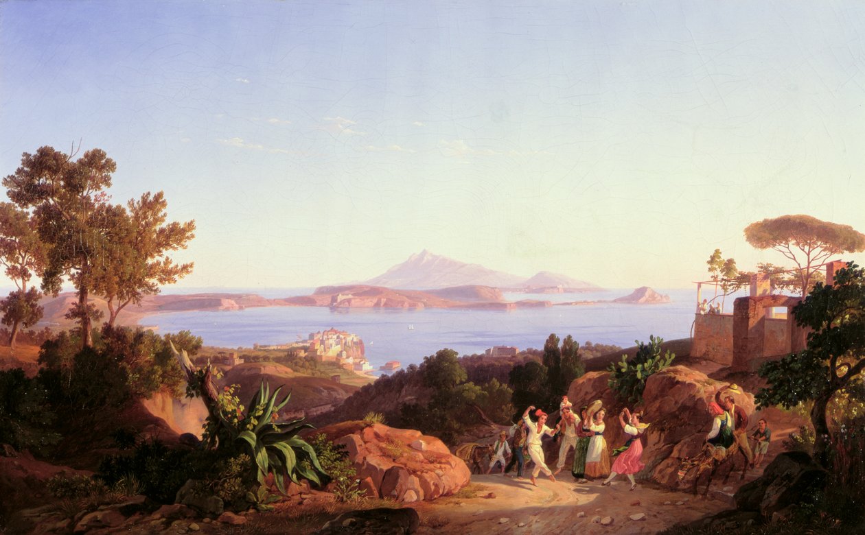 Utsikt over Pozzuoli-bukten med Solfatara-fjellet, ca. 1830 av Carl Wilhelm Goetzloff