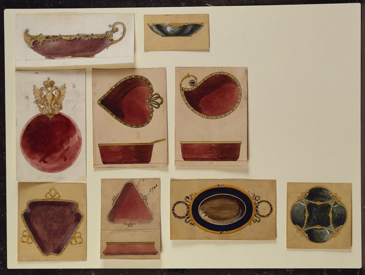 Samling av tallerkendesign, House of Carl Faberge (blyant og akvarell på papir) av Carl Fabergé