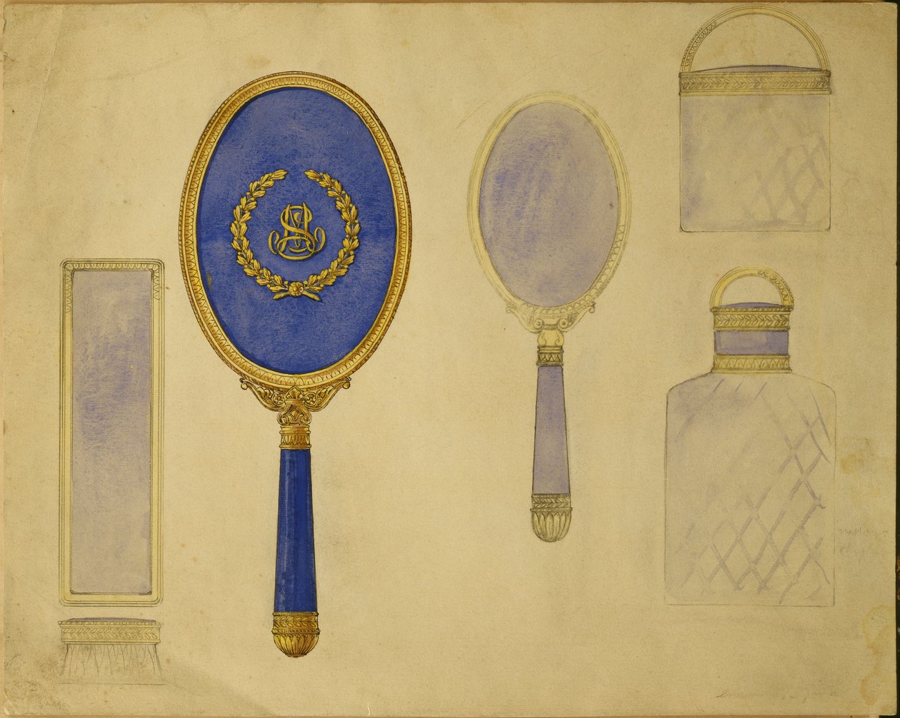 Utvalg av design, House of Carl Faberge (blyant, penn og blekk og akvarell på kort) av Carl Fabergé