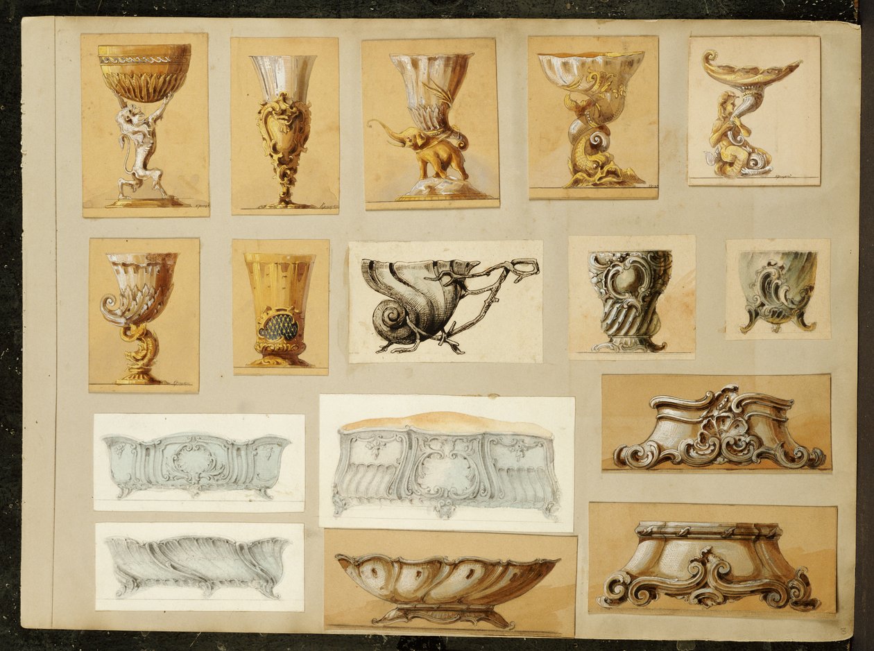 Utvalg av design, House of Carl Faberge (blyant og akvarell forsterket med hvitt og gull på kort) av Carl Fabergé