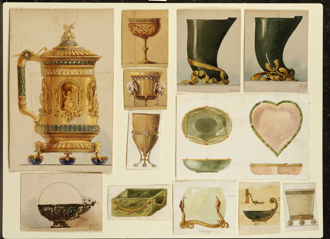 Utvalg av design, House of Carl Faberge (blyant og akvarell forsterket med hvitt og gull på kort) av Carl Fabergé