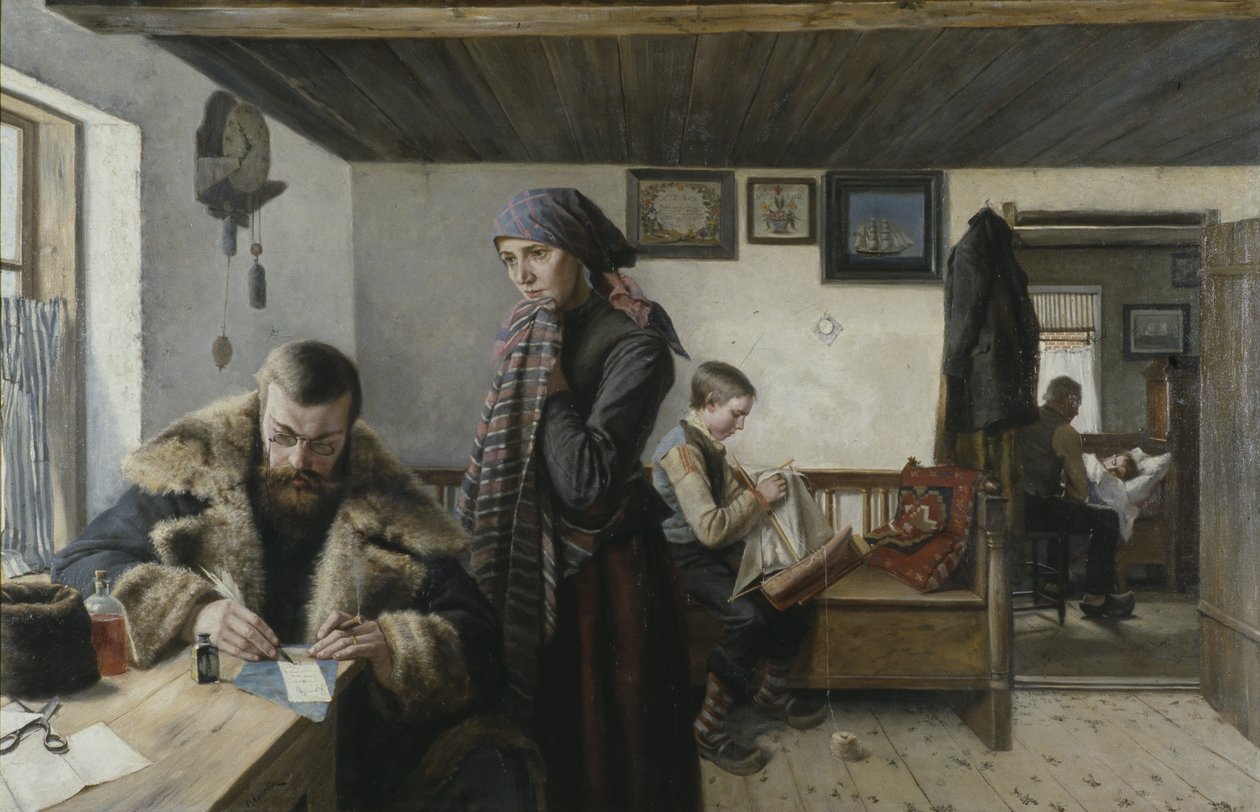 Visite a domicile du docteur - Doctor Home Visit, av Aspelin, Karl (1857-1932). Olje på lerret. Mål: 137,5x212 cm. Nationalmuseum Stockholm av Carl Aspelin