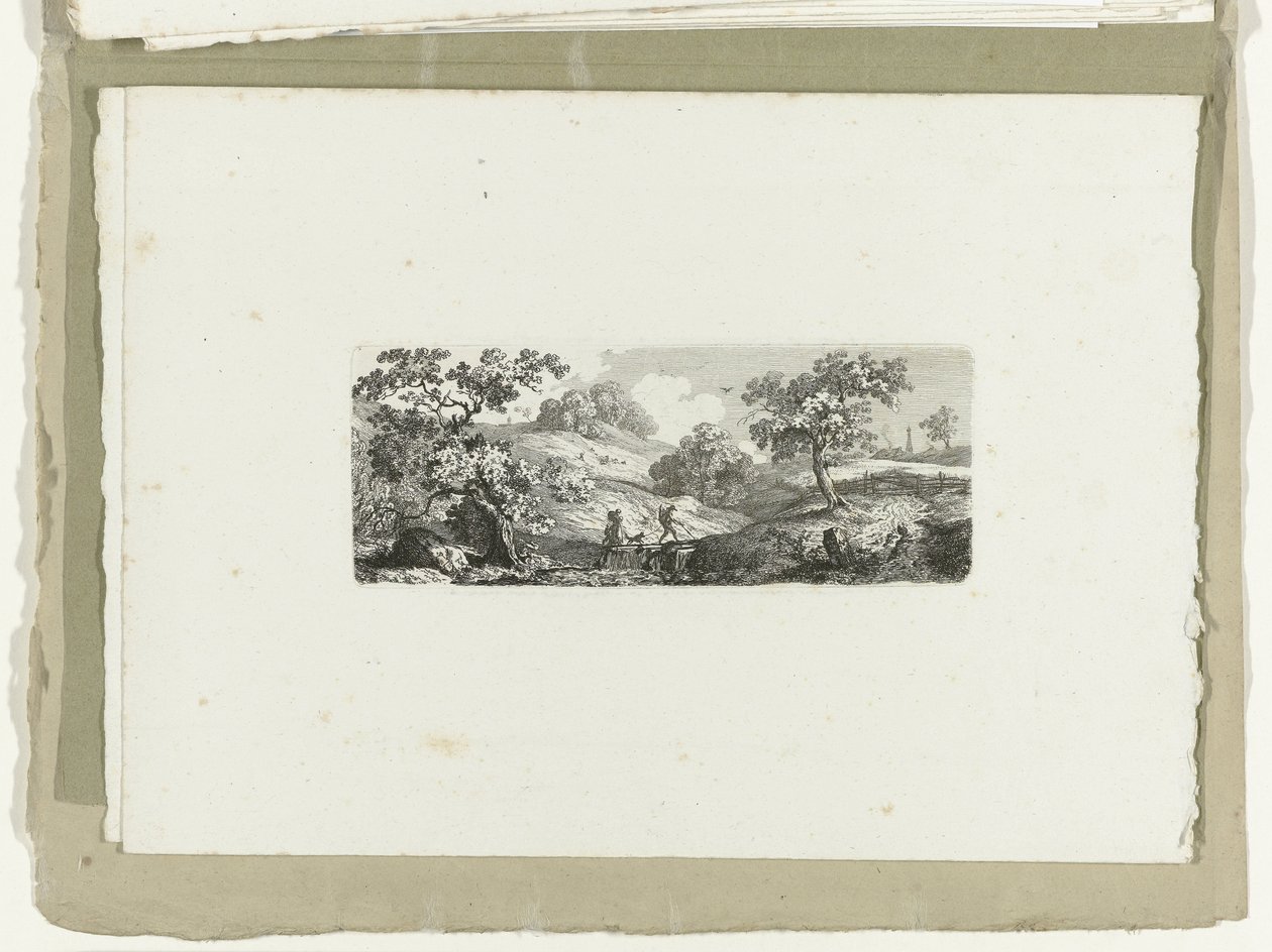 Reisende ved en bekk i et kupert landskap Seksten landskap (serietittel) av Carl August Lebschee