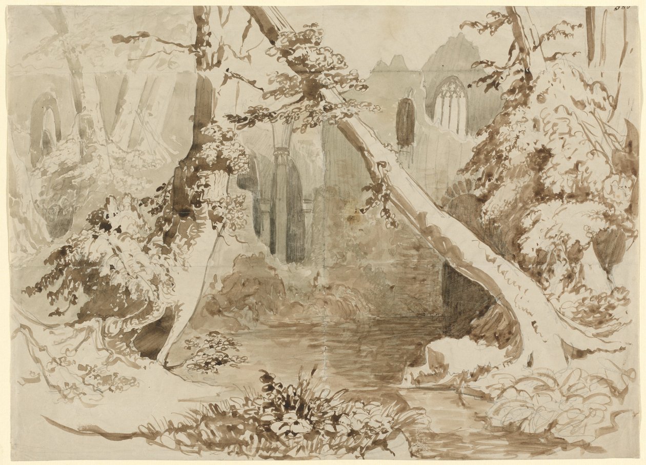 En ødelagt kirke i skogen av Carl Blechen