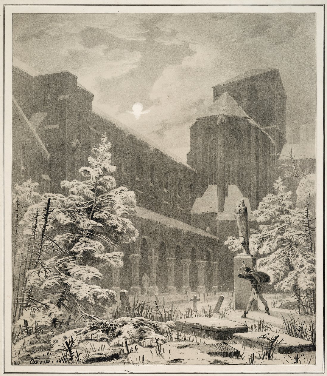Kirke og kirkegård i snøen ved måneskinn av Carl Blechen