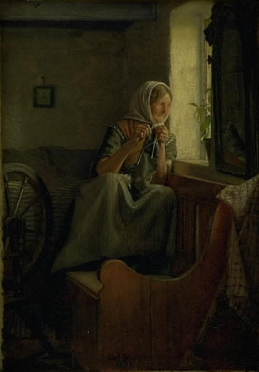 En gammel bondekone ser ut av et vindu av Carl Bloch