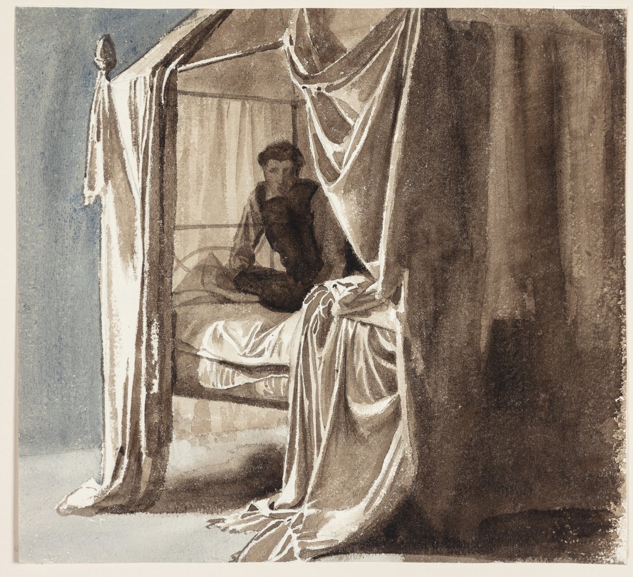 En seng med oppheng. Studie til bildet "Niels Ebbesen og grev Gert" utstilt 1868 av Carl Bloch