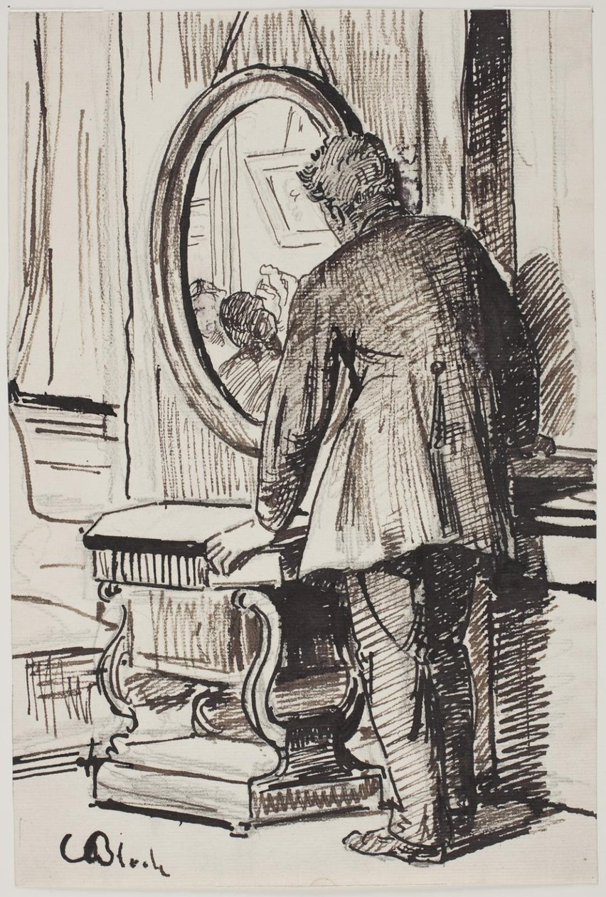 En ung mann ser på tre kvinner i et speil av Carl Bloch