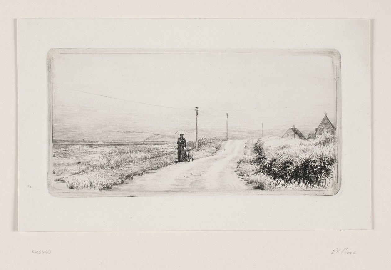 Landevei med gående dame. Solrik ettermiddag av Carl Bloch