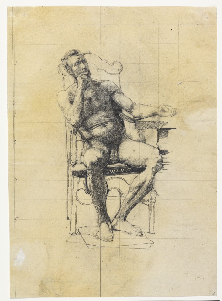 Mannlig modellfigur. Studie til Frederik IIIs figur på Universitetsportrett 1887-89 av Carl Bloch