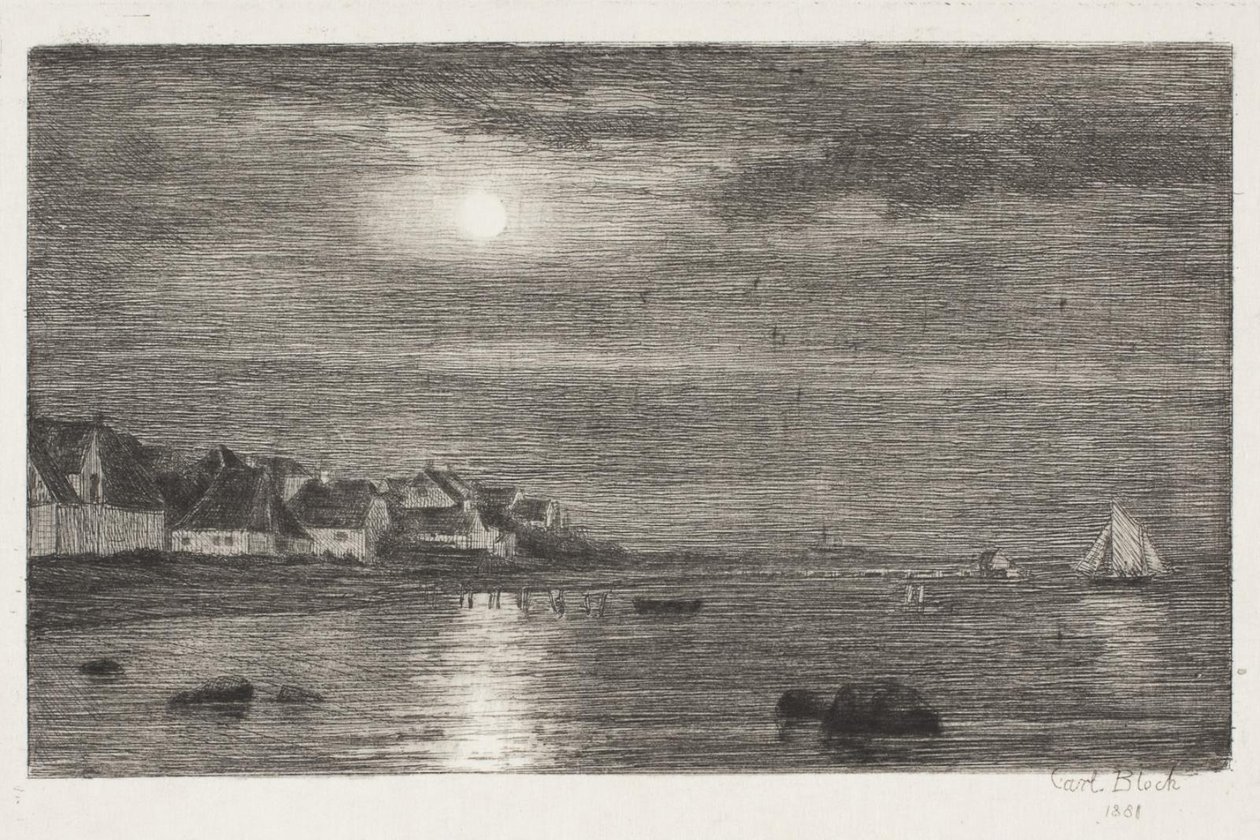 Stranddel ved Hellebæk. Måneskinn av Carl Bloch