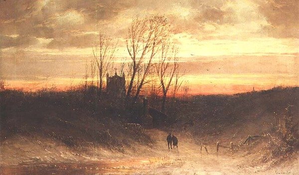 Et skogkledd landskap om kvelden av Carl Bondel