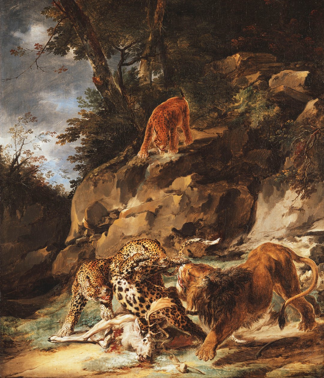 En løve driver et par leoparder av en død hjort, av Carl Borromaus Andreas Ruthart
