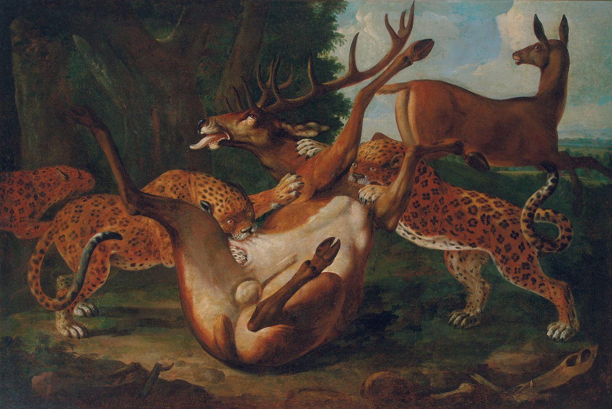 Leoparder som angriper hjort i et landskap av Carl Borromaus Andreas Ruthart
