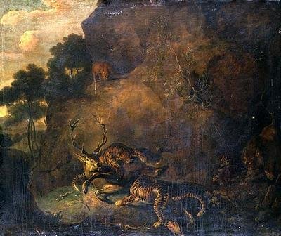 Tigre angriper en hjort i steinete landskap av Carl Borromaus Andreas Ruthart