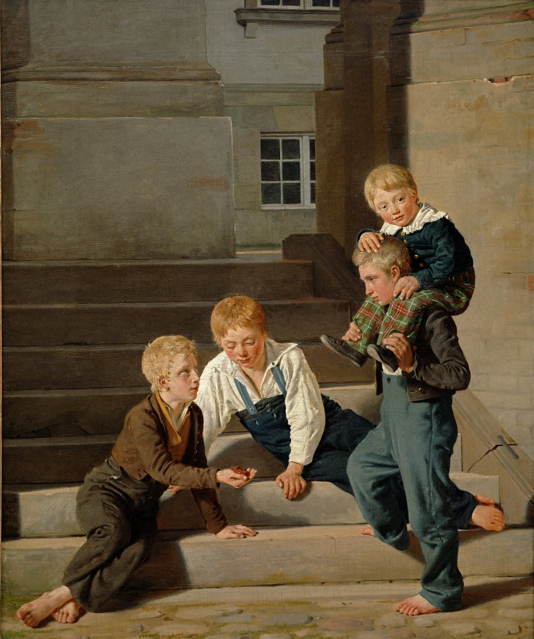 Unge gutter spiller terninger foran Christiansborg slott, København, 1834 av Carl Christian Constantin Hansen