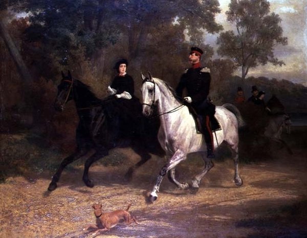 En dame og en offiser, muligens kronprins og prinsesse av Preussen, rir i en park av Carl Constantin Steffeck
