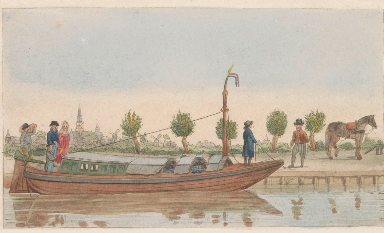 Slepeflåte, 1824 En hollandsche trek eller Jaagschuit / Une barque de tracte, servante au transport de voyageurs et marchandises en hollande (tittel på objekt) av Carl Cristiaan Fuchs
