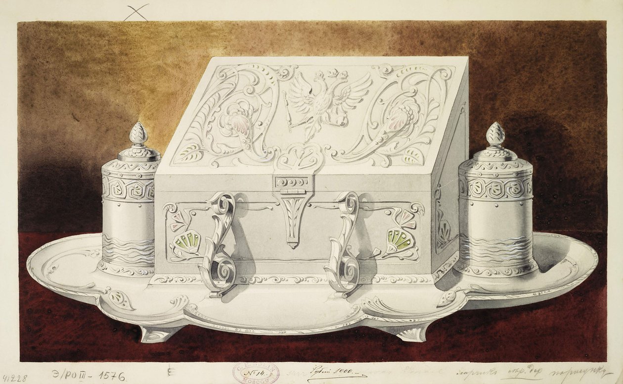 Design av en blekkstativ formet som en kiste. Serien The Dowry of Grand Princess Maria Pavlovna, 1 av Carl Edvard Bolin company